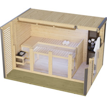 Moderne Gartensauna aus Holz mit zwei Ebenen und integriertem Ofen, offener Konstruktion und Stauraum für Handtücher.