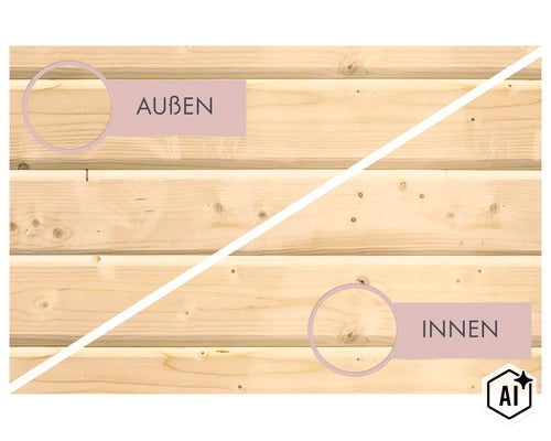 Vergleich von Innen- und Außenansicht einer Holzfassade mit erkennbarer Maserung und Astlöchern. (Image AI modified or generated)
