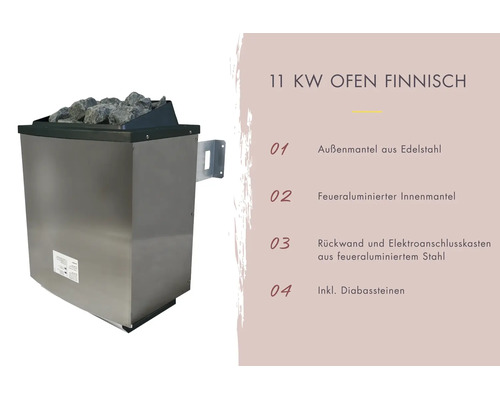 Finnischer Saunaofen mit 11 Kilowatt Leistung, Edelstahl Außenmantel und inklusive Diabassteinen.