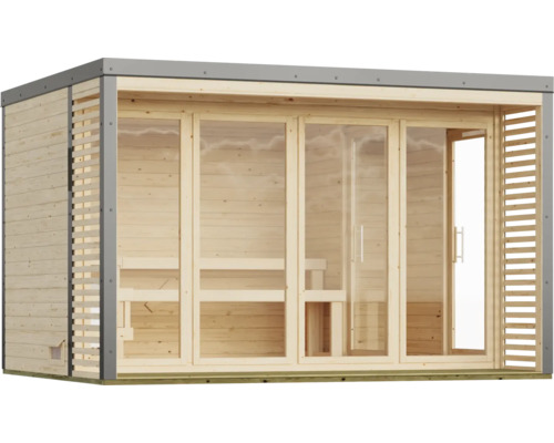 Moderne Gartensauna aus Holz mit bodentiefen Glaselementen, Flachdach und seitlichen Lamellenverkleidungen.