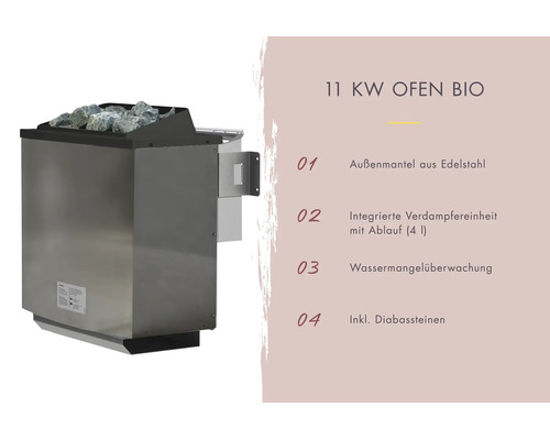 Bio Saunaofen mit 11 Kilowatt Leistung, Edelstahl Außenmantel, Verdampfereinheit, Wassermangelüberwachung und Diabassteinen.