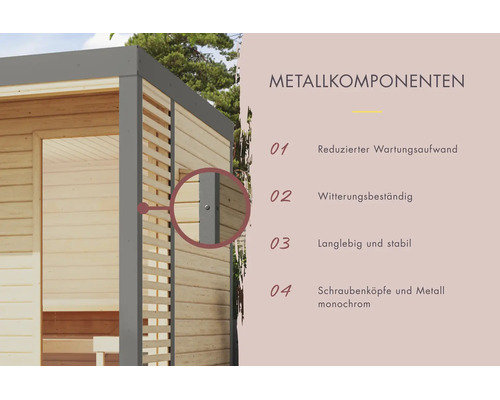 Detailansicht der Metallkomponenten eines Gartenhauses mit Informationen zu Wartung, Witterungsbeständigkeit und Stabilität.