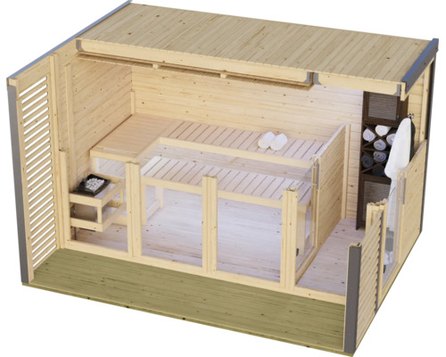 Moderne Gartensauna aus Holz mit Glasfront, Innenbänken, Saunaofen und integriertem Regalbereich, isometrische Ansicht.