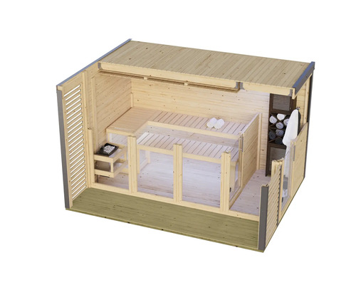 Moderne Gartensauna aus Holz mit Glasfront und Saunabänken im Innenraum sowie vorgelagerter Terrasse.