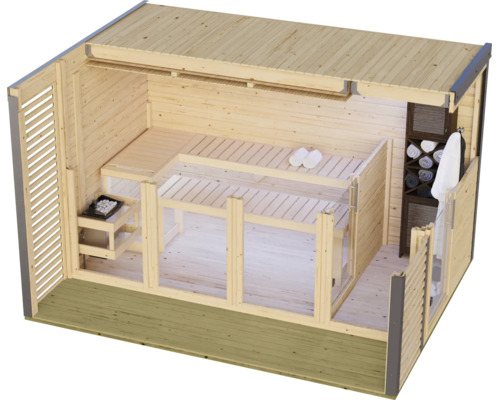 Gartensauna aus Holz mit Glasfront, Innenbänken, Saunaofen und integriertem Regalbereich zur Entspannung im Außenbereich