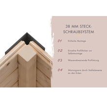 Detailansicht eines 38 Millimeter Steckschraubsystems für Gartenhäuser mit Holzprofilen und Metalleckverbindungen für einfache Montage.