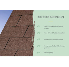 Rechteckige Dachschindeln für Satteldächer mit Informationen zur einfachen Verlegung, Langlebigkeit sowie UV- und Farbbeständigkeit.