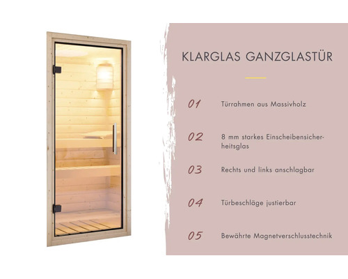 Saunatür aus Klarglas mit Massivholzrahmen, 8 Millimeter Einscheibensicherheitsglas, rechts oder links anschlagbar mit Magnetverschluss.
