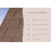 Rechteckschindeln für Satteldächer mit Informationen zur einfachen Verlegung, UV-Beständigkeit, Reißfestigkeit und Langlebigkeit.