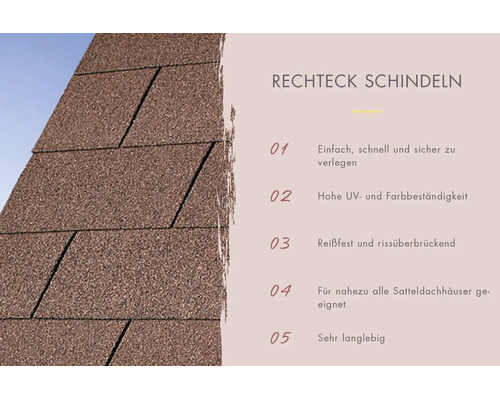 Rechteckschindeln für Satteldächer mit Informationen zur einfachen Verlegung, UV-Beständigkeit, Reißfestigkeit und Langlebigkeit.