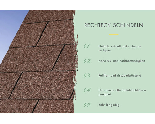 Rechteckige Dachschindeln für Satteldächer mit Informationen zur einfachen Verlegung, Langlebigkeit sowie UV- und Farbbeständigkeit.