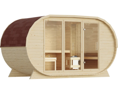 Moderne Fasssauna aus Holz mit großen Glasfronten und integriertem Saunaofen für den Außenbereich.