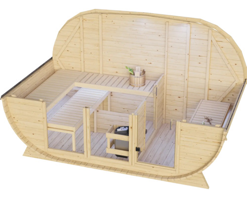Fasssauna aus Holz mit zwei Liegeflaechen und einem Saunaofen im Innenraum, Innenansicht von oben.