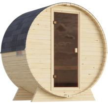 Fasssauna aus Holz mit Glastür und Bitumendachschindeln für den Außenbereich