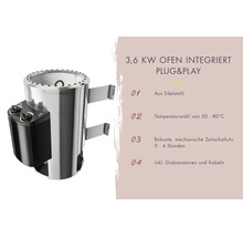 Saunaofen mit 3,6 Kilowatt, Plug and Play System aus Edelstahl mit Temperaturregler, Zeitschaltuhr, Diabassteinen und Anschlusskabeln.