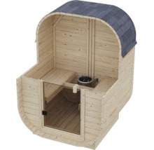 Fasssauna aus Holz mit Glasfront und eingebautem Ofen für den Garten.