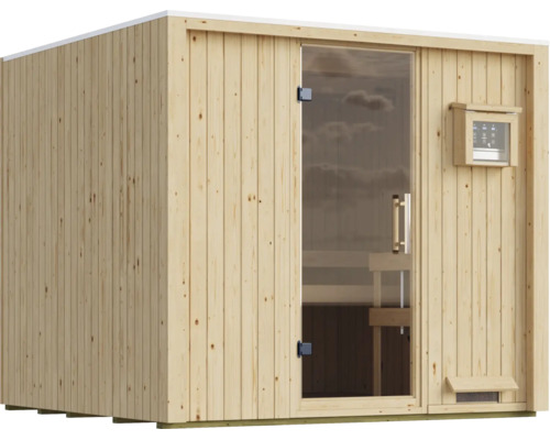 Moderne Heimsauna aus Massivholz mit einer verglasten Tür und einem externen digitalen Steuergerät zur Temperaturregelung.
