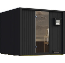 Moderne Gartensauna mit Glasfront und vertikaler Holzverkleidung für den Außenbereich