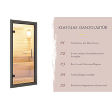Klarglas Ganzglastür für Sauna mit Massivholzrahmen, 8 Millimeter Einscheibensicherheitsglas, justierbaren Beschlägen und Magnetverschluss.