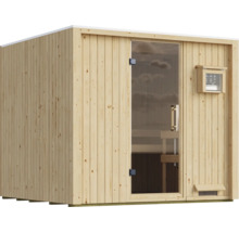 Moderne Elementsauna aus Fichtenholz mit Ganzglastür und digitaler Steuerung für den Innenbereich