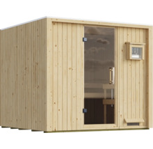Massivholz Sauna aus Fichtenholz mit Glaselementen und digitalem Steuergerät