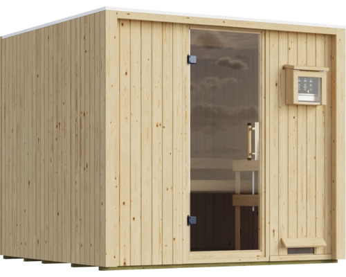 Massivholz Sauna aus Fichtenholz mit Glaselementen und digitalem Steuergerät