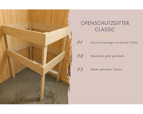 Ofenschutzgitter Classic für Sauna aus nordischer Fichte, glatt gehobelt für optimalen Schutz des Saunaofens.