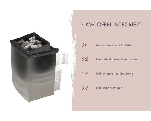 Saunaofen mit 9 Kilowatt Leistung, Edelstahl Außenmantel, feueraluminierter Innenmantel, integrierter Steuerung und Diabassteinen.