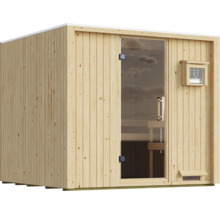 Moderne Elementsauna aus naturbelassenem Holz mit Ganzglastür und externer Steuerung