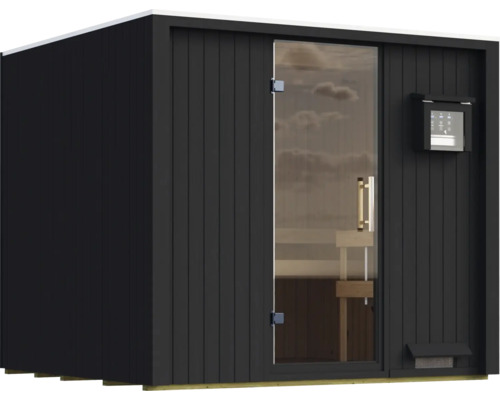 Moderne Gartensauna mit vertikaler Holzverkleidung, Ganzglastür und externer Steuerung.
