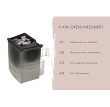 Saunaofen mit 9 Kilowatt Leistung, Edelstahl Außenmantel, feueraluminierter Innenmantel, integrierter Steuerung und Diabassteinen.