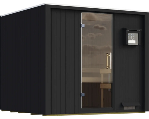 Moderne Sauna mit vertikaler Holzverkleidung, Glas-Tür und integrierter digitaler Steuerung