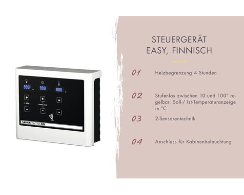 Saunasteuergerät Easy für finnische Sauna mit Digitalanzeige, vier Stunden Heizbegrenzung und Anschluss für Kabinenbeleuchtung.