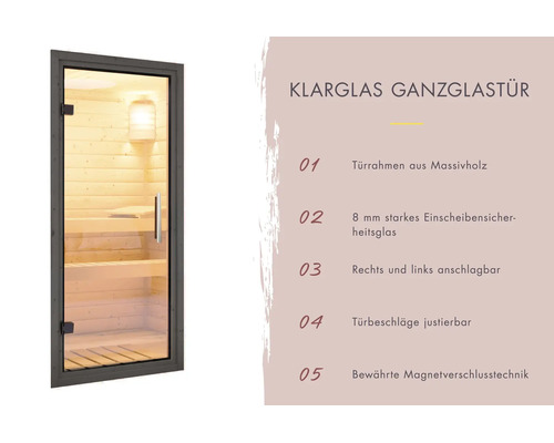 Klarglas Ganzglastür für Sauna mit Massivholzrahmen, 8 Millimeter Einscheibensicherheitsglas, justierbaren Beschlägen und Magnetverschluss.
