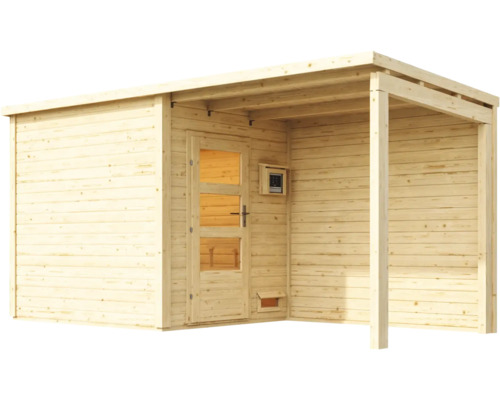 Gartenhaus aus Holz mit integriertem Saunabereich und überdachter Veranda mit Pultdach.