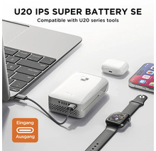 U20 IPS Super Battery SE lädt einen Laptop auf, daneben liegen ein Smartphone, eine Smartwatch und Kopfhörer, kompatibel mit U20 Geräten.