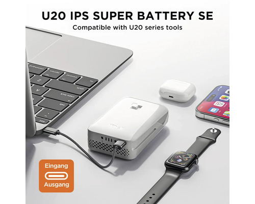 U20 IPS Super Battery SE lädt einen Laptop auf, daneben liegen ein Smartphone, eine Smartwatch und Kopfhörer, kompatibel mit U20 Geräten.