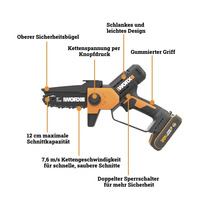 Worx Akku-Astsäge mit 12 Zentimeter Schnittkapazität, 7,6 Meter pro Sekunde Kettengeschwindigkeit, Sicherheitsbügel und gummiertem Griff.