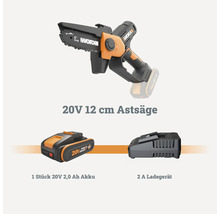 Worx 20 Volt Akku-Astsäge mit 12 Zentimeter Schwertlänge, inklusive einem 2,0 Amperestunden Akku und einem 2 Ampere Ladegerät.