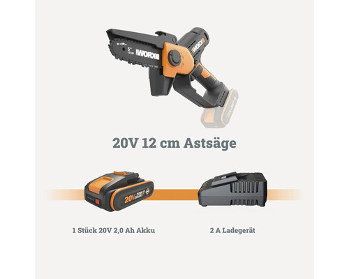 Worx 20 Volt Akku-Astsäge mit 12 Zentimeter Schwertlänge, inklusive einem 2,0 Amperestunden Akku und einem 2 Ampere Ladegerät.