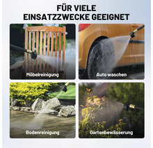 Anwendungsbeispiele für Hochdruckreiniger: Möbelreinigung, Autowäsche, Bodenreinigung und Gartenbewässerung.