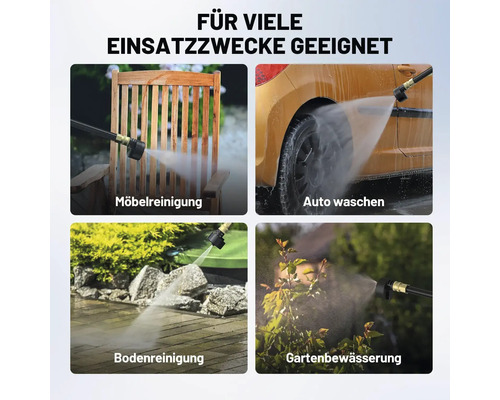 Anwendungsbeispiele für Hochdruckreiniger: Möbelreinigung, Autowäsche, Bodenreinigung und Gartenbewässerung.