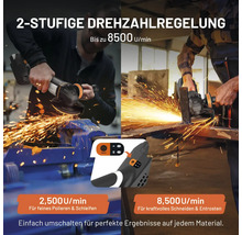 Winkelschleifer mit zweistufiger Drehzahlregelung: 2500 Umdrehungen pro Minute zum Polieren und 8500 zum Schneiden.