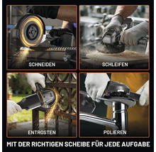 Akku-Winkelschleifer in vier Anwendungen: Schneiden von Metall, Schleifen von Holz, Entrosten eines Zauns und Polieren einer Armatur.
