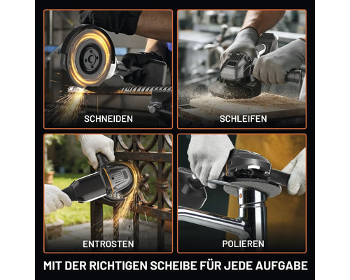 Akku-Winkelschleifer in vier Anwendungen: Schneiden von Metall, Schleifen von Holz, Entrosten eines Zauns und Polieren einer Armatur.