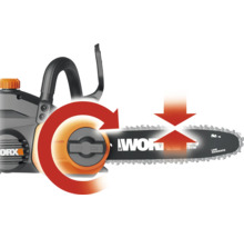 Worx Kettensäge mit werkzeuglosem Kettenspannsystem.