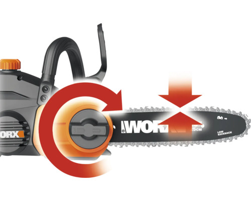 Worx Kettensäge mit werkzeuglosem Kettenspannsystem.