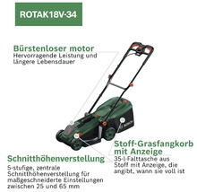 Bosch Rotak 18 Volt-34 Akku-Rasenmäher mit Bosch Logo, bürstenlosem Motor, Schnitthöhenverstellung 25 bis 65 Millimeter und 35 Liter Grasfangkorb.