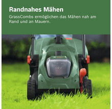 Bosch 18 Volt Akku-Rasenmäher mit GrassCombs für randnahes Mähen auf einer Rasenfläche. Bosch Logo.