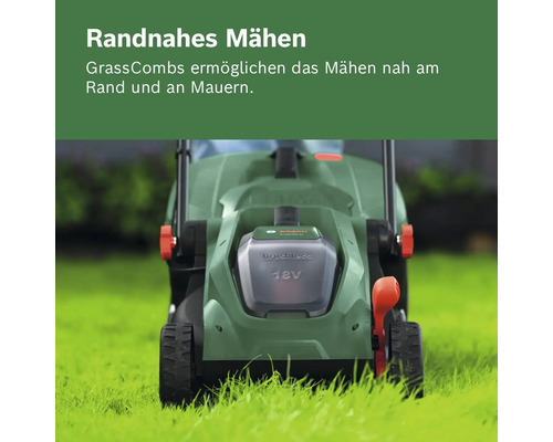 Bosch 18 Volt Akku-Rasenmäher mit GrassCombs für randnahes Mähen auf einer Rasenfläche. Bosch Logo.